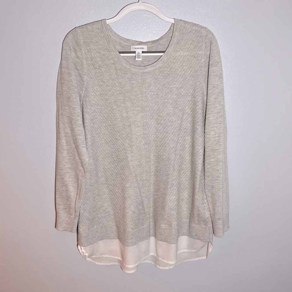 Calvin Klein Sweater Blouse Layered Look Soft Large Gray Light-weight Loose Fit